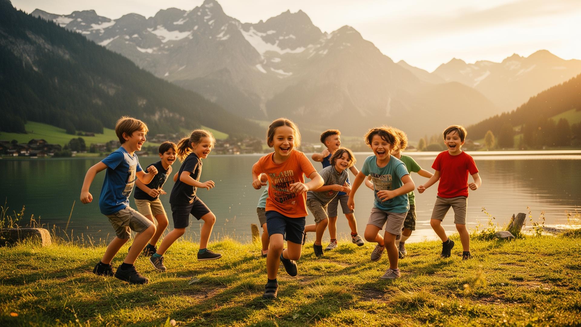 Children playing outdoors at a Swiss summer camp by an alpine lake
